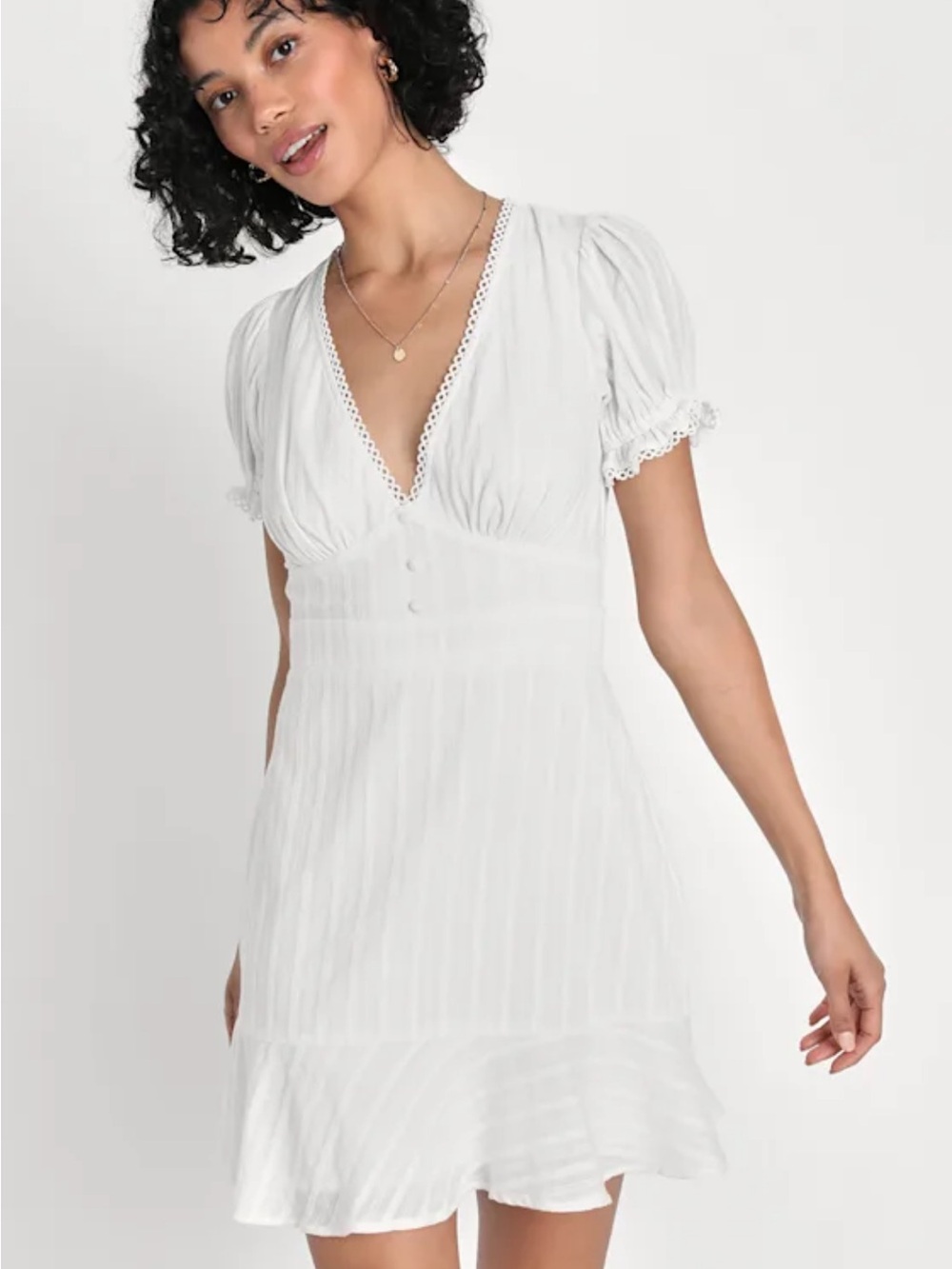 Lulu’s Vibing in Venice White Ruffled Puff Sleeve Mini Dress